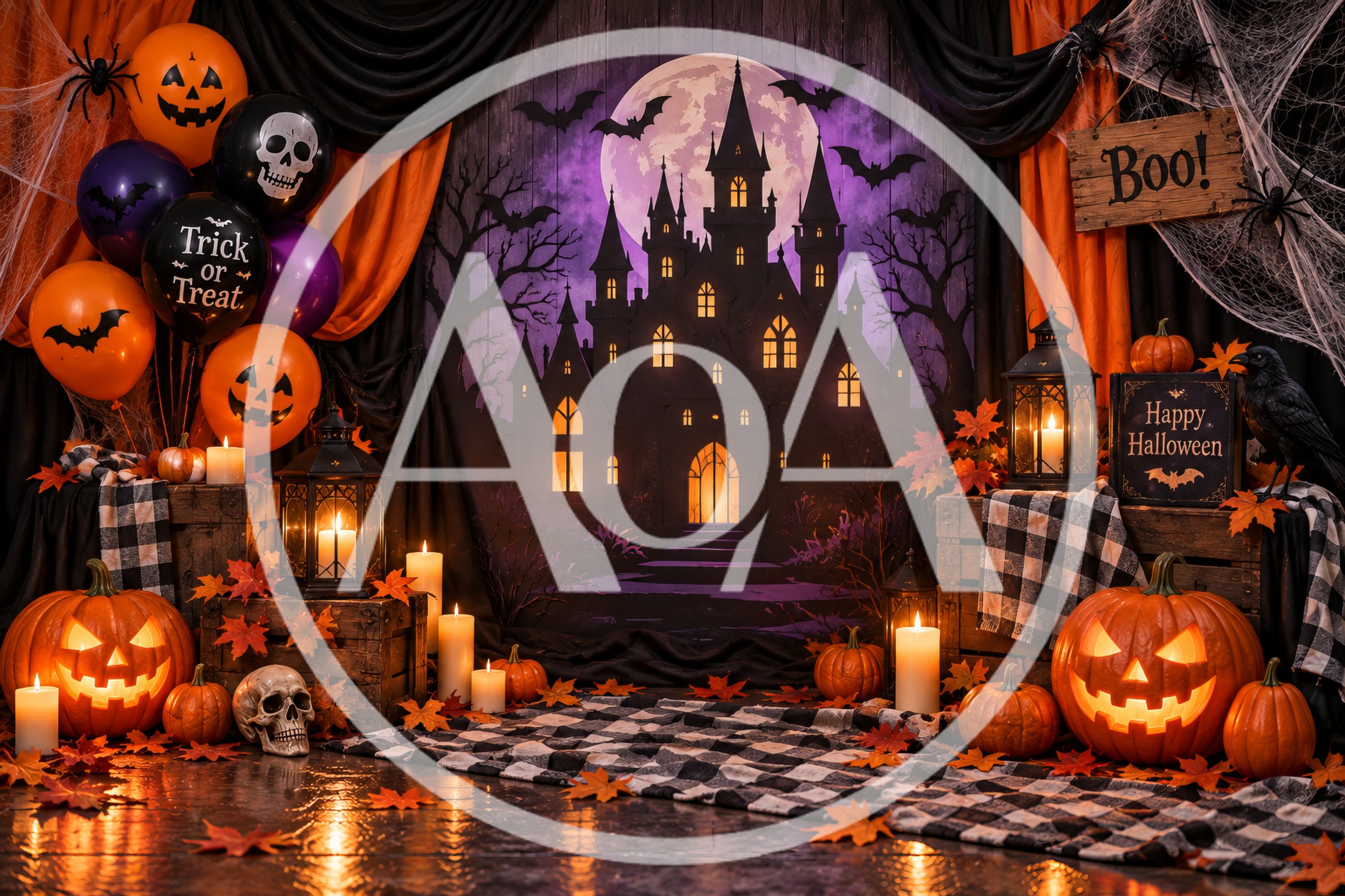 Halloween Party Decoration Setup With Pumpkins And Haunted Castle