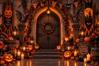 Halloween Decorated Gothic Entrance With Jack O Lanterns