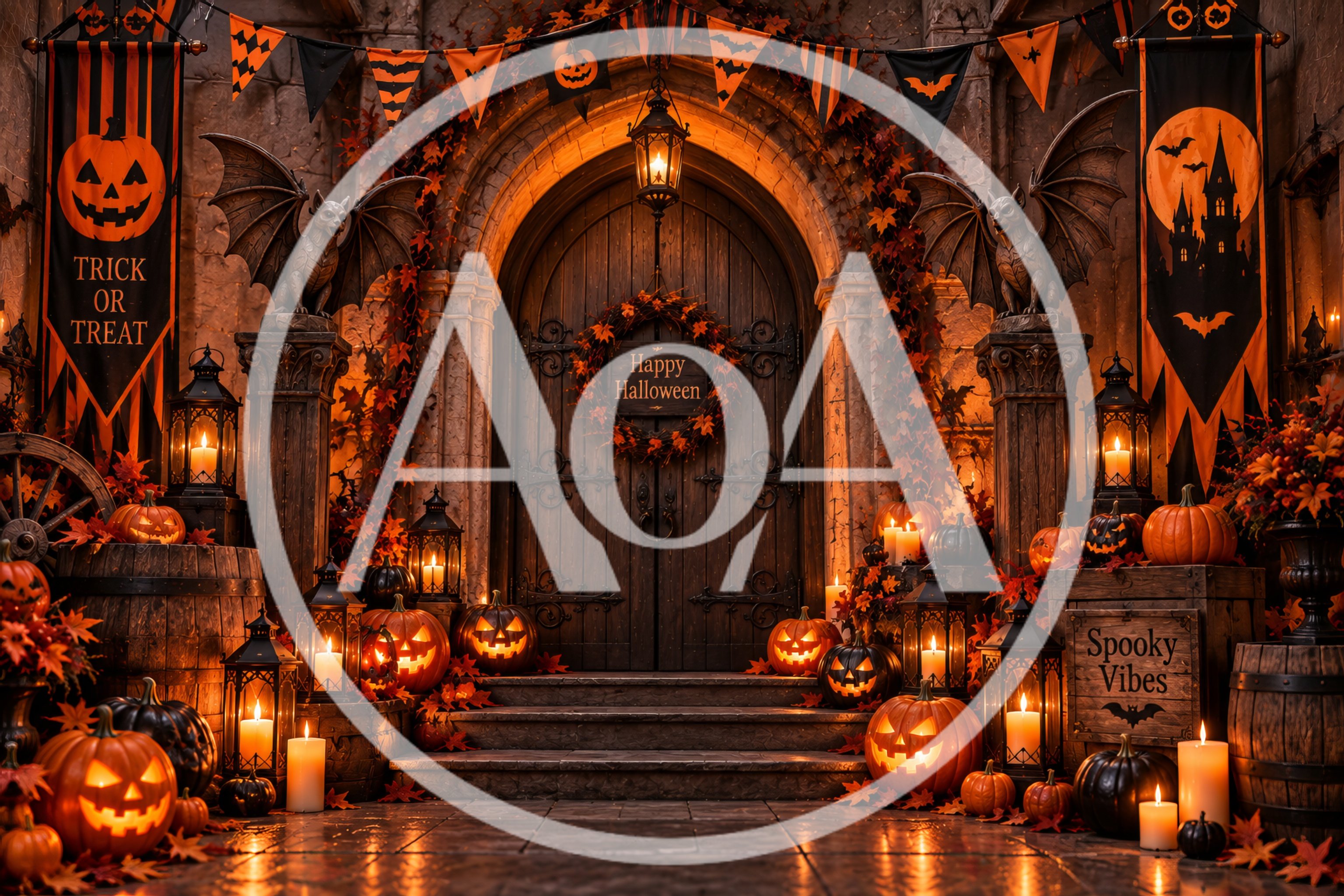 Halloween Decorated Gothic Entrance With Jack O Lanterns