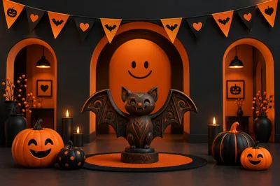 Halloween Bat Statue With Pumpkins And Festive Decor