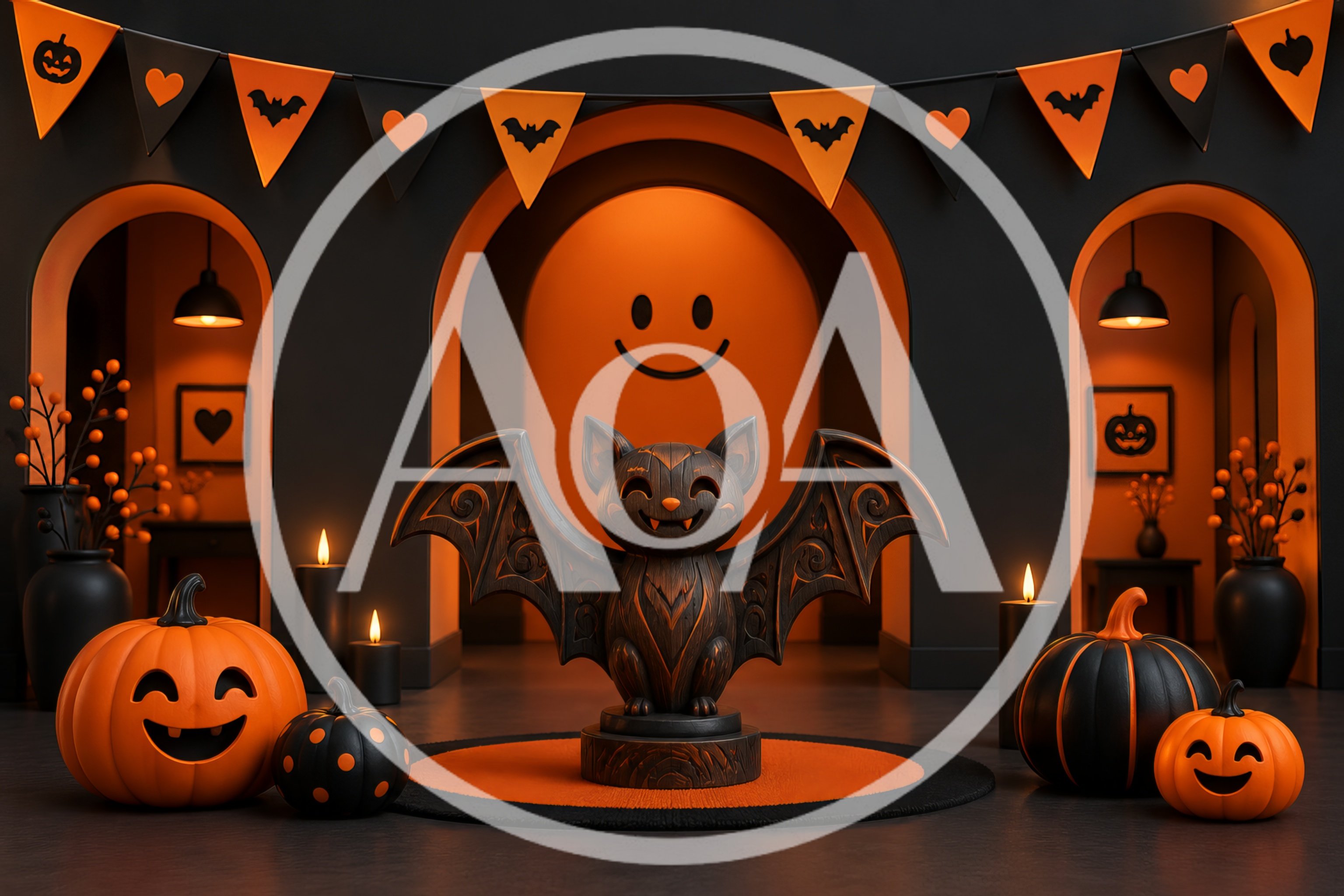 Halloween Bat Statue With Pumpkins And Festive Decor