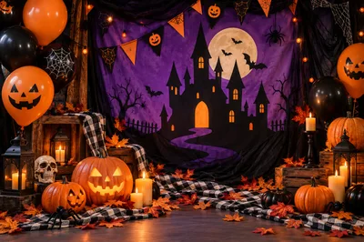 Halloween Party Decoration With Pumpkins And Haunted Castle Backdrop