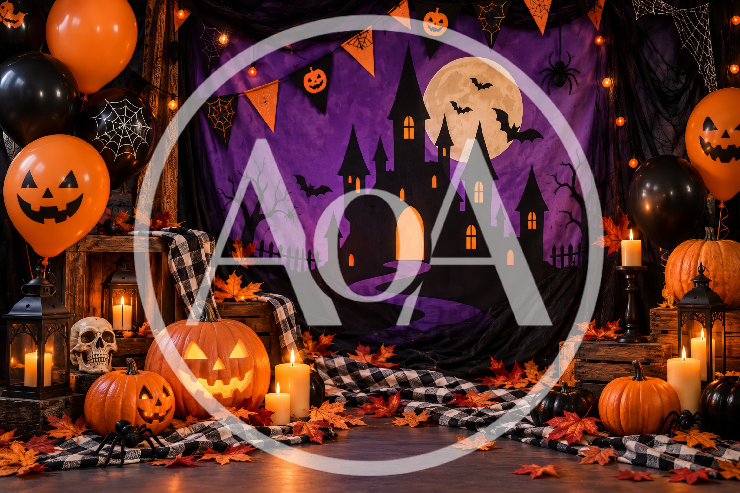 Halloween Party Decoration With Pumpkins And Haunted Castle Backdrop