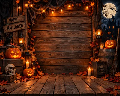 Halloween Porch Background With Pumpkins And Lanterns