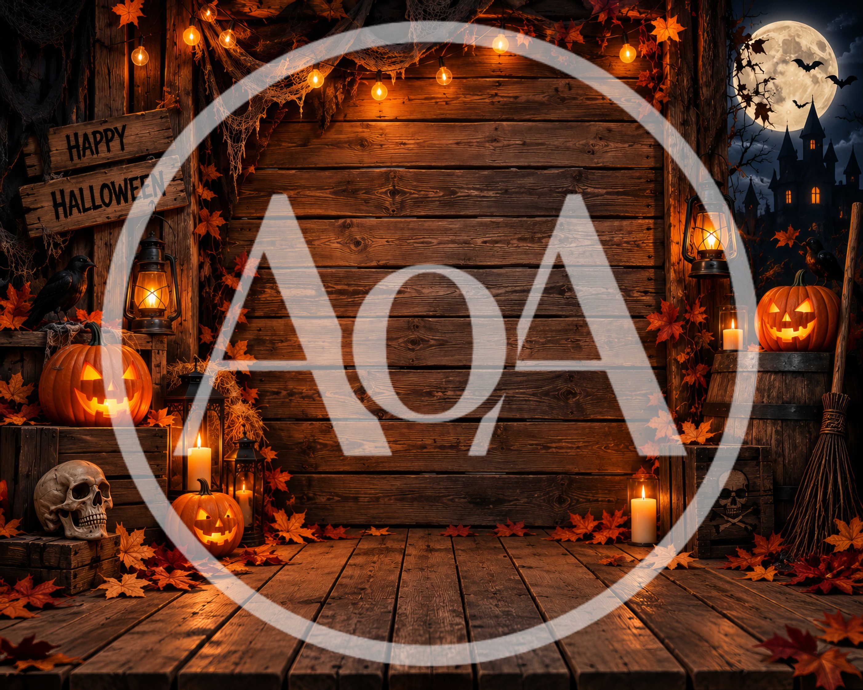 Halloween Porch Background With Pumpkins And Lanterns