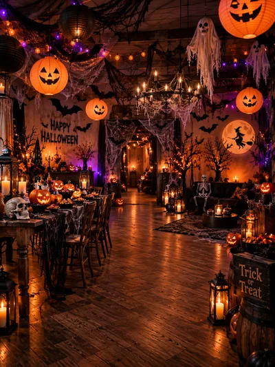 Spooky Halloween Decorated Dining Room Interior