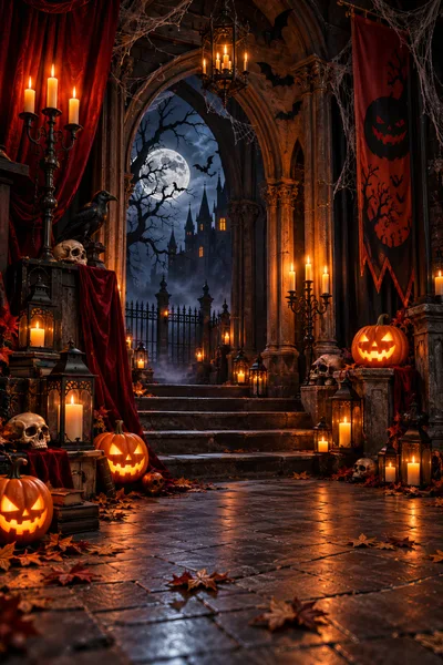 Gothic Halloween Entrance With Jack O Lanterns And Candles