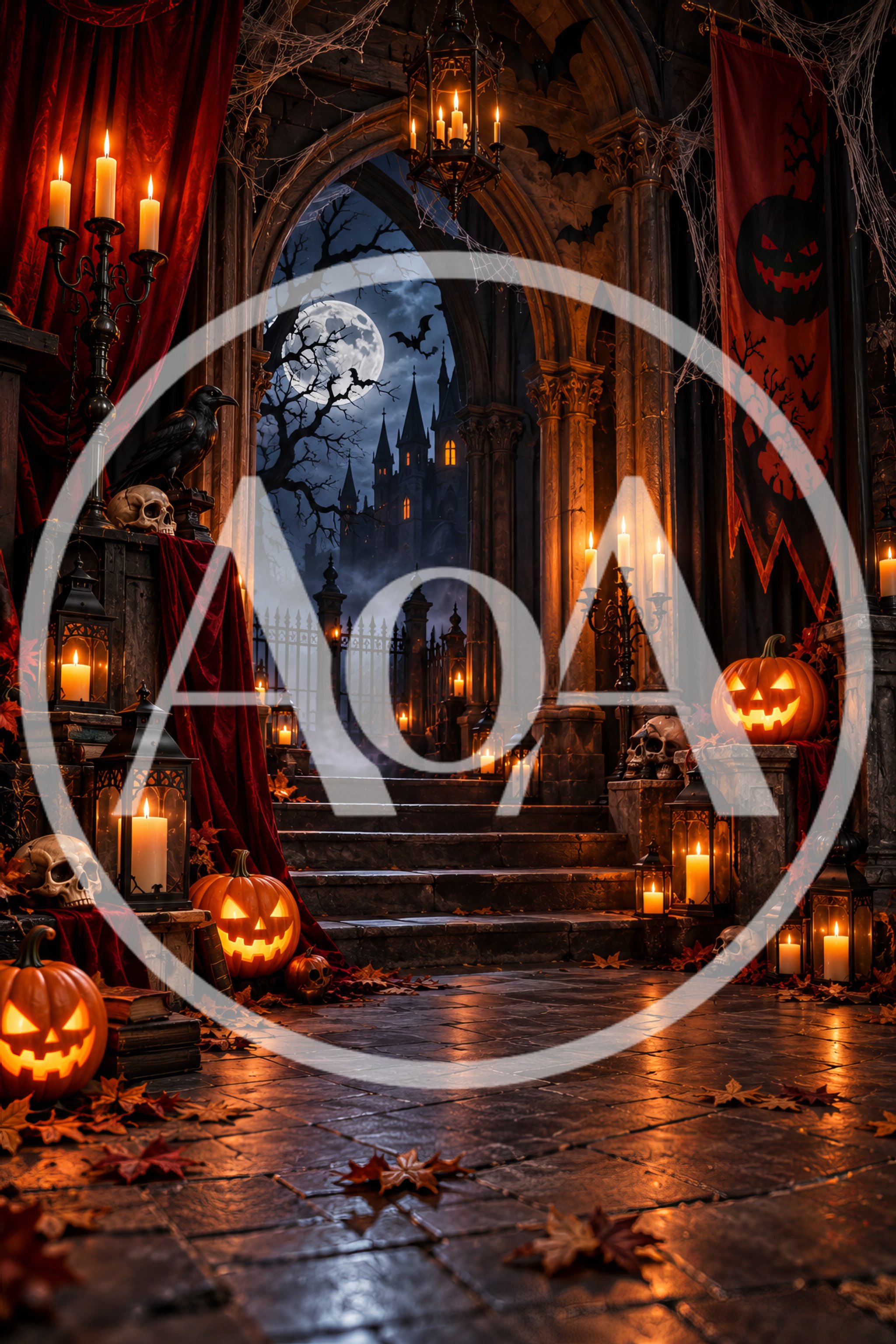 Gothic Halloween Entrance With Jack O Lanterns And Candles