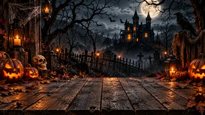 Halloween Wooden Table With Pumpkins And Haunted Mansion