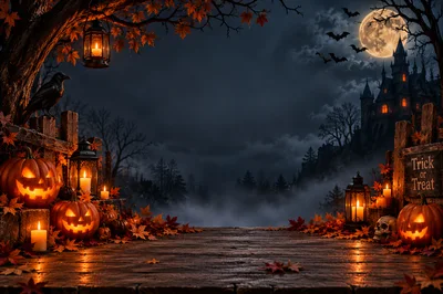 Halloween Background with Jack O Lanterns and Haunted Castle