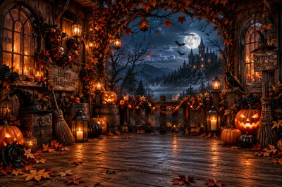 Halloween Porch Decorated With Pumpkins And Lanterns