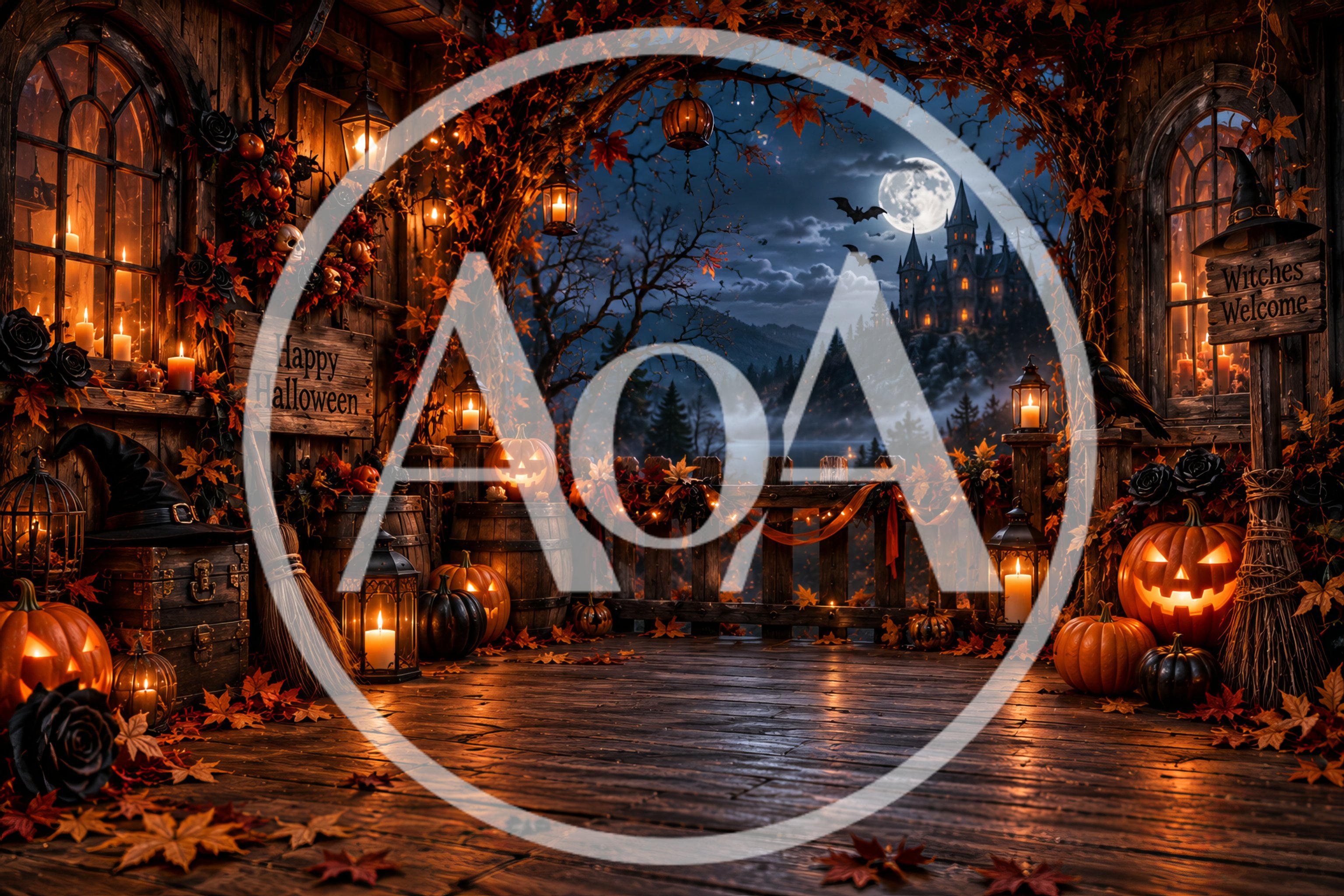 Halloween Porch Decorated With Pumpkins And Lanterns