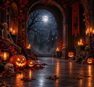 Spooky Halloween Entrance With Skeletons And Jack O Lanterns