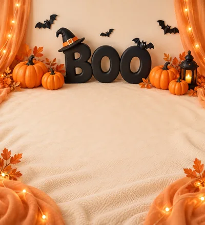 Halloween Boo Decoration With Pumpkins And Fairy Lights