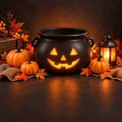 Halloween Cauldron With Pumpkins And Lantern Decor