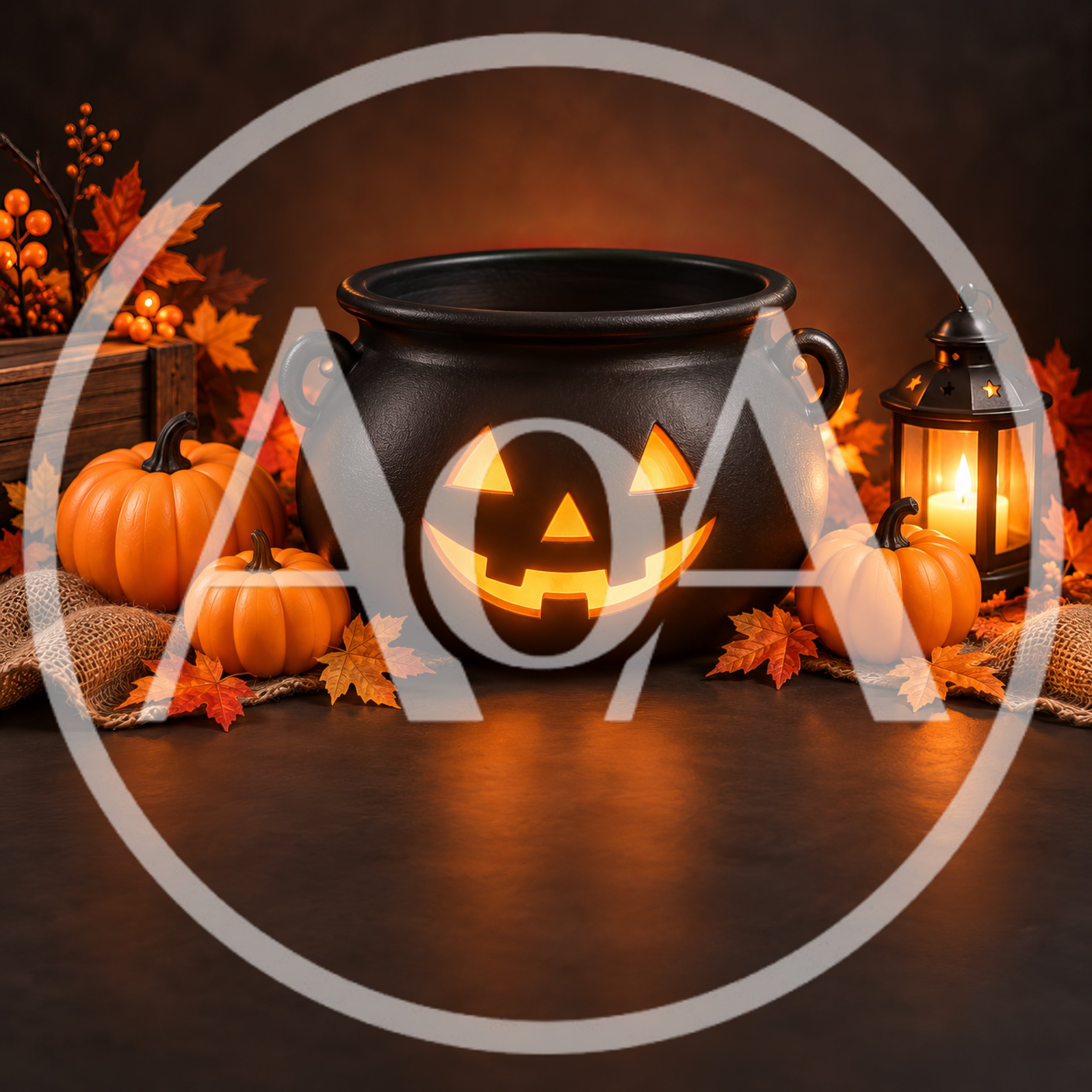 Halloween Cauldron With Pumpkins And Lantern Decor