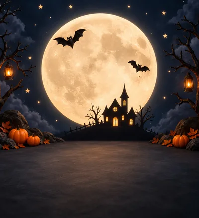 Halloween Haunted House Scene With Full Moon