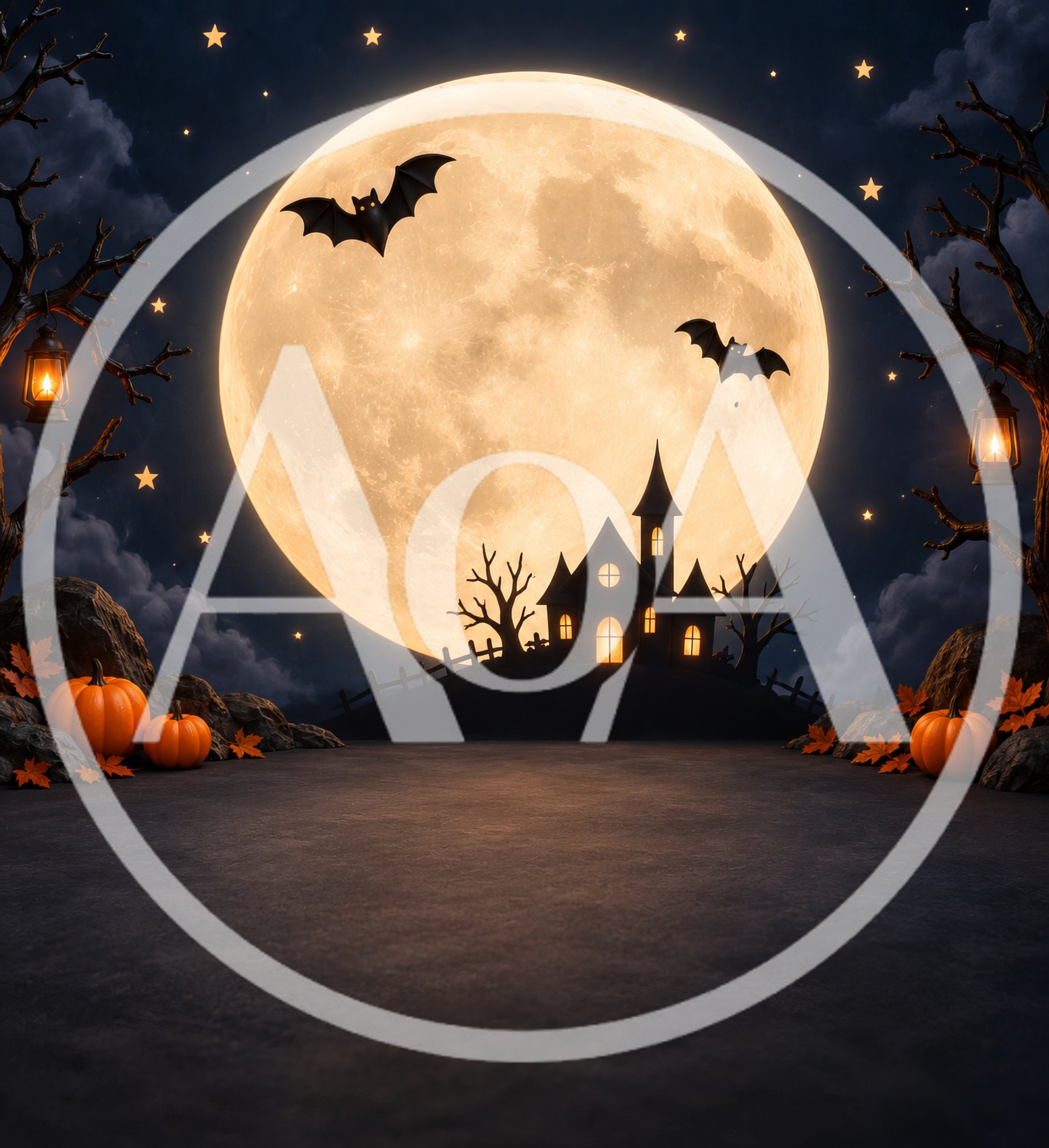 Halloween Haunted House Scene With Full Moon