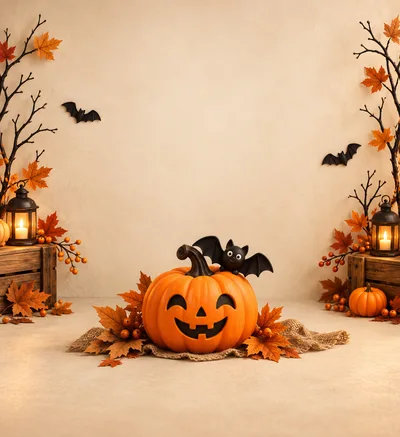Halloween Pumpkin Decoration With Bat And Lanterns
