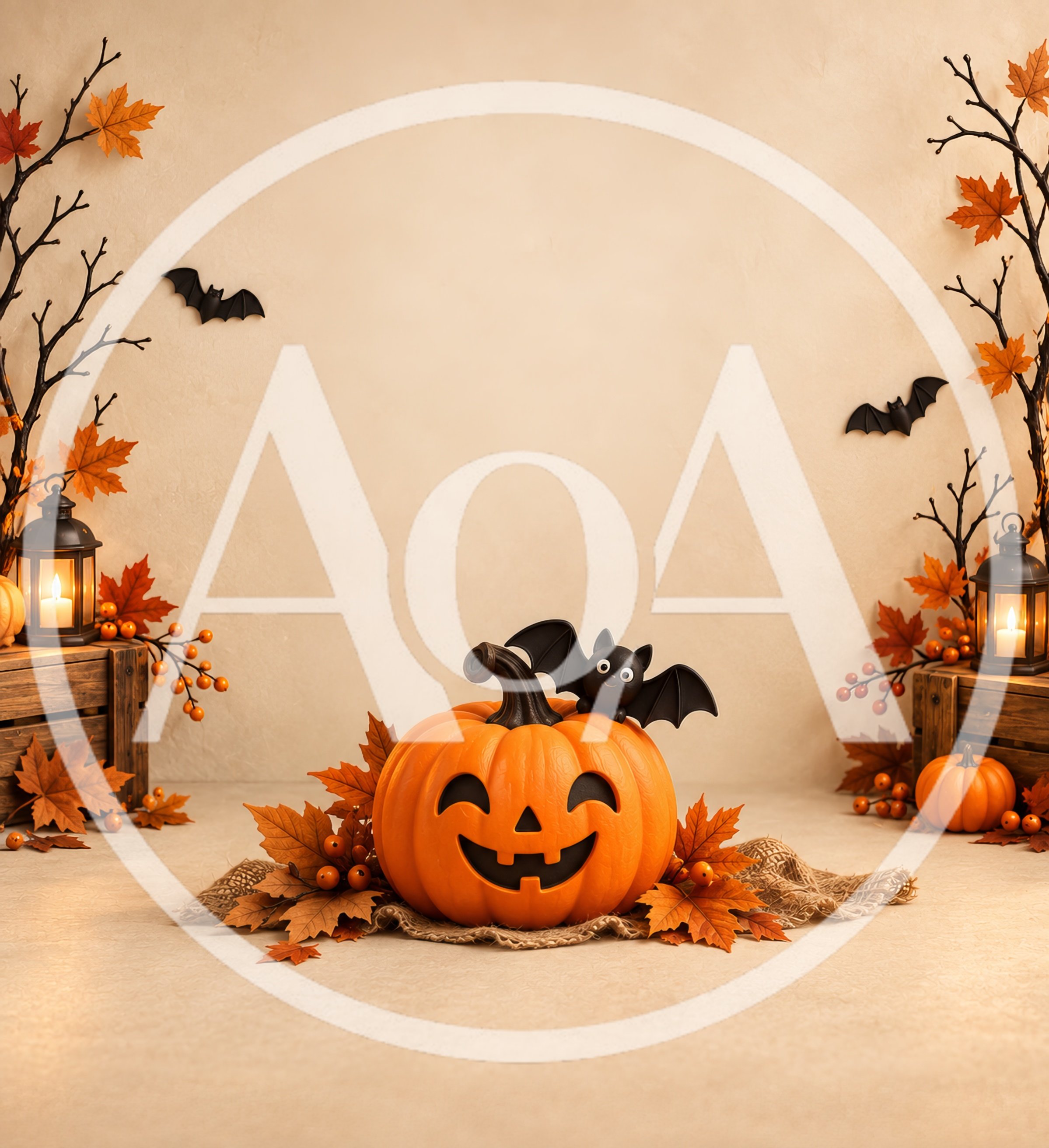 Halloween Pumpkin Decoration With Bat And Lanterns