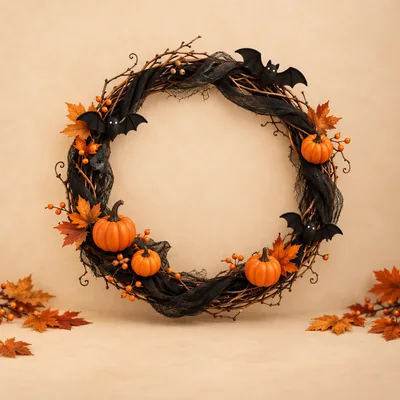 Halloween Wreath With Pumpkins And Bats
