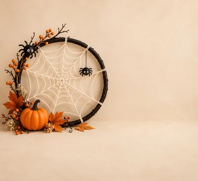 Halloween Wreath With Pumpkin And Spiders