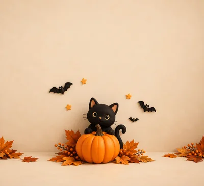 Cute Black Cat Sitting On A Pumpkin