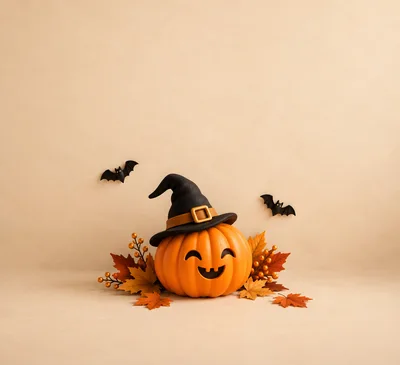 Cute Halloween Pumpkin Wearing A Witch Hat