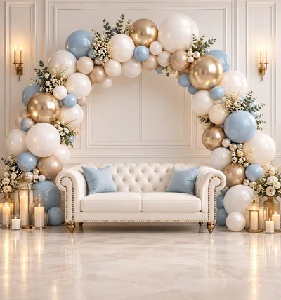Elegant Balloon Arch Backdrop With Tufted Sofa