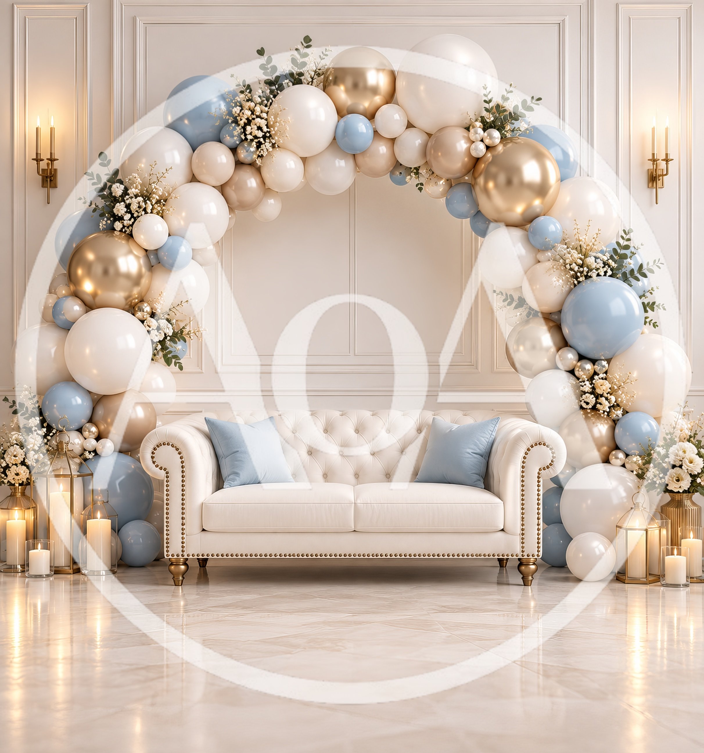 Elegant Balloon Arch Backdrop With Tufted Sofa