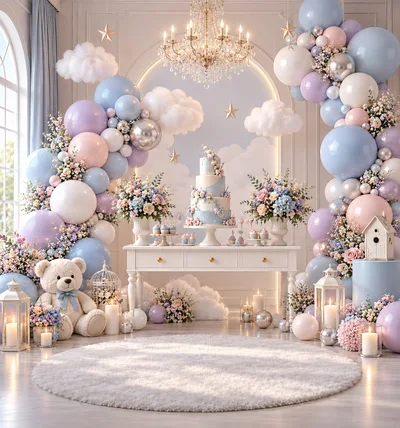 Elegant Baby Shower Decoration With Cake And Teddy Bear