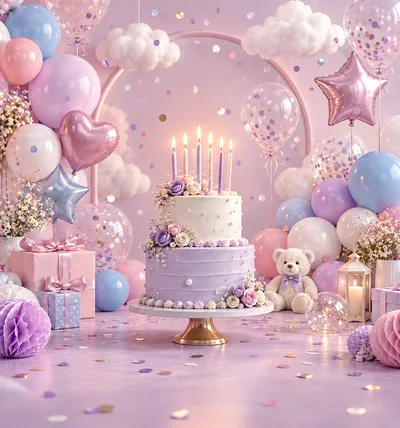 Two Tier Birthday Cake With Candles And Balloons