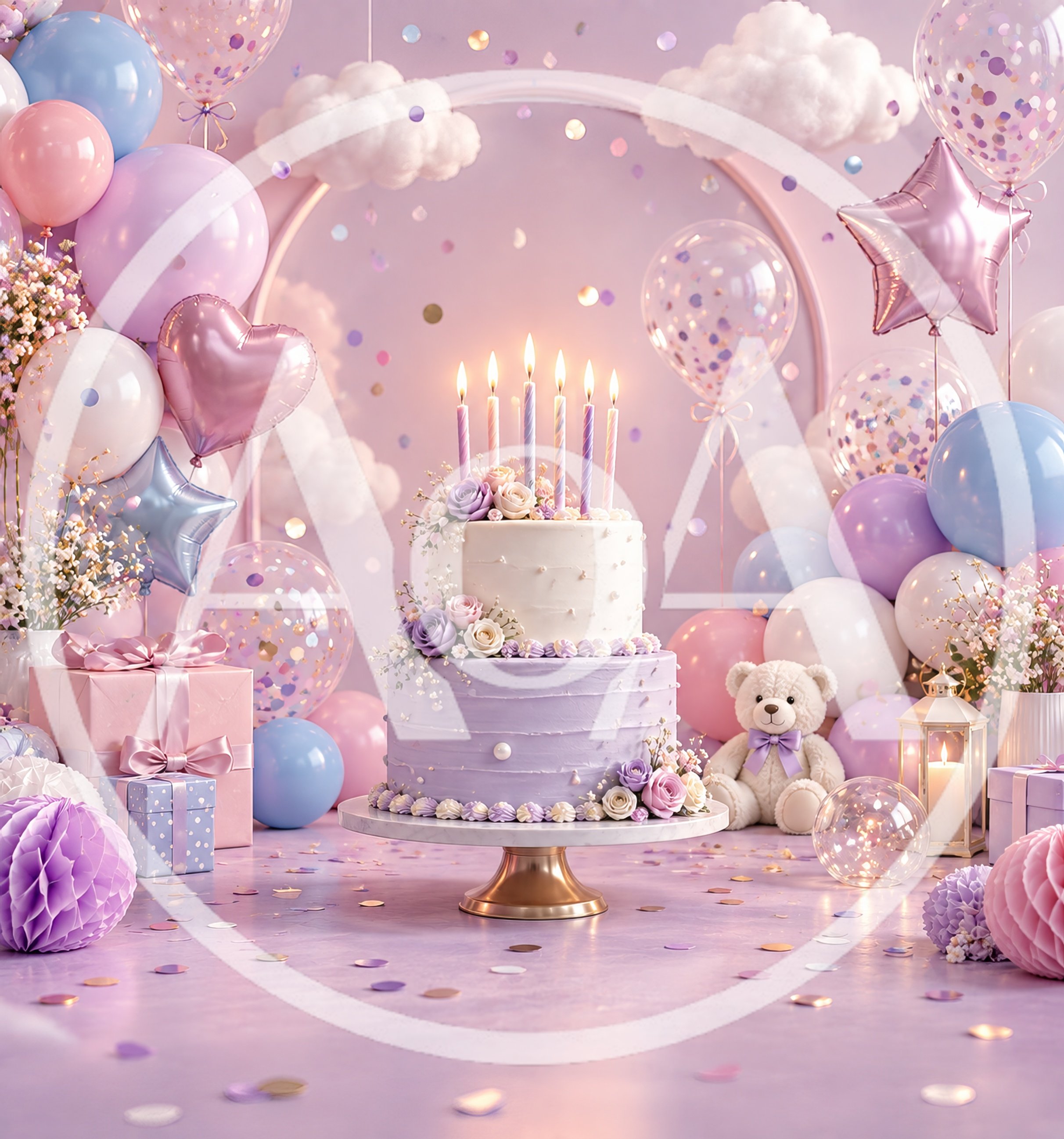 Two Tier Birthday Cake With Candles And Balloons