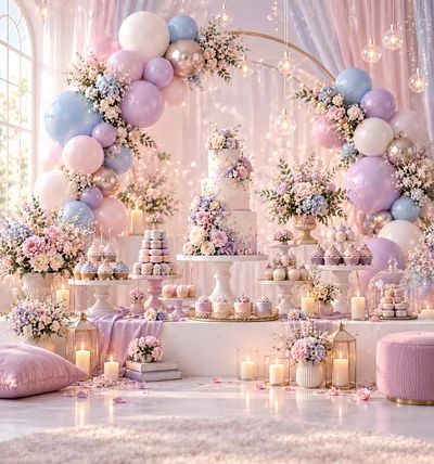 Elegant Pastel Dessert Table Display for Celebration