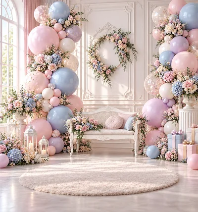 Elegant Pastel Balloon Arch and Floral Decor Setup