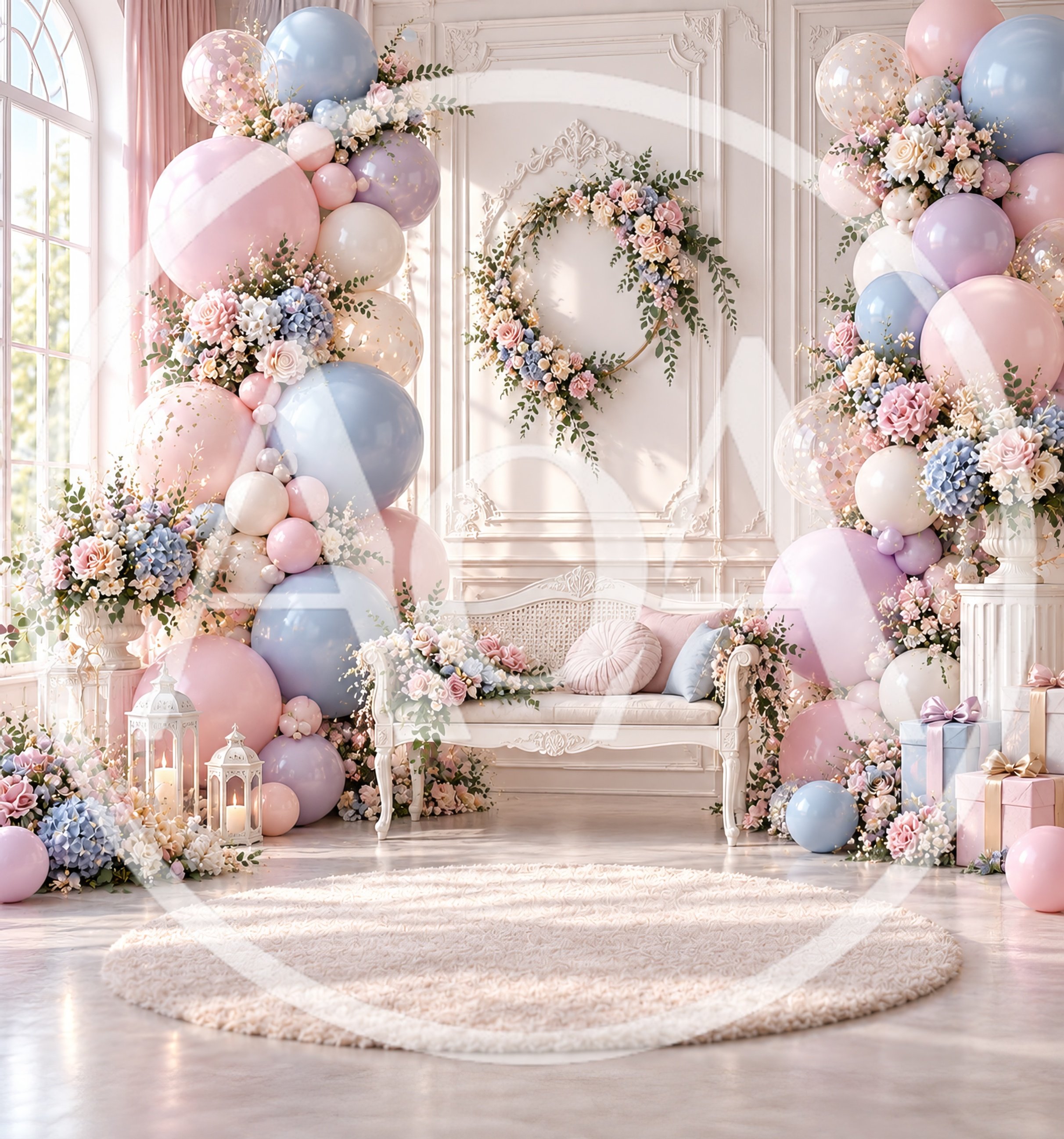 Elegant Pastel Balloon Arch and Floral Decor Setup