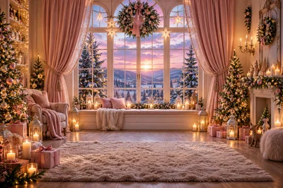 Cozy Christmas Living Room With Sunset Window View