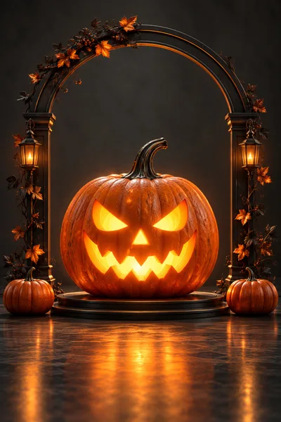 Glowing Jack O Lantern Under Decorative Archway