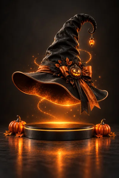 Floating Witch Hat With Halloween Pumpkin Display Stand
