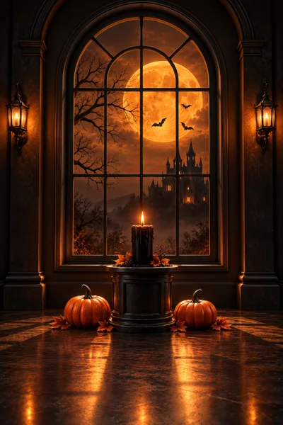 Halloween Window Display With Pumpkins And Candle