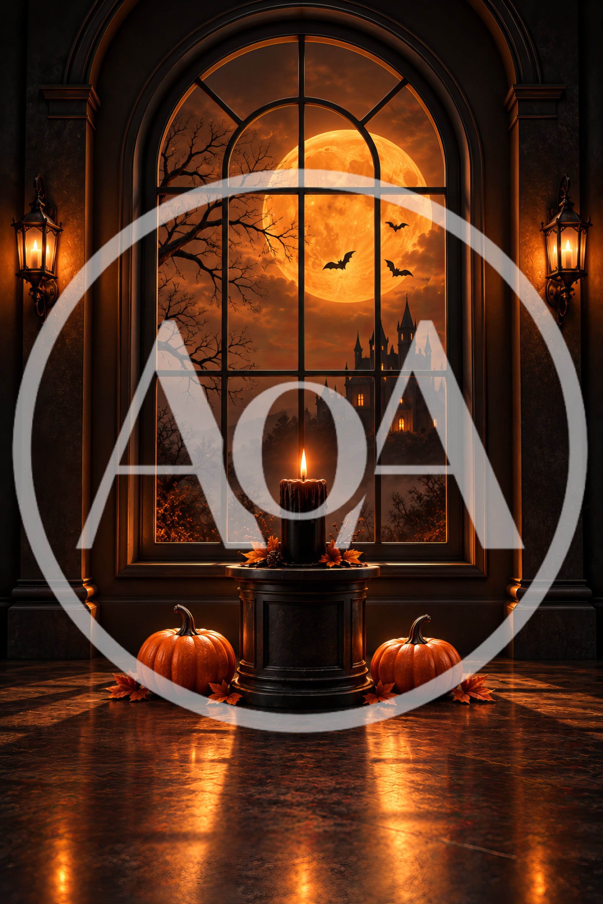 Halloween Window Display With Pumpkins And Candle