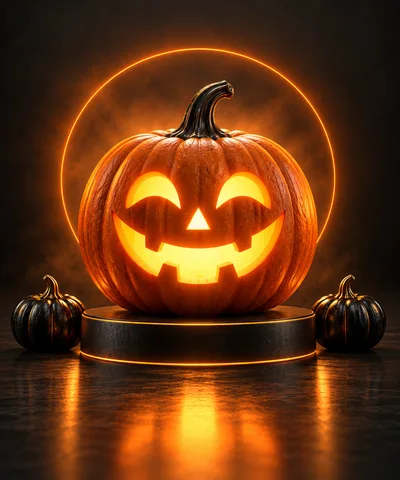 Glowing Jack O Lantern Pumpkin on Display Pedestal