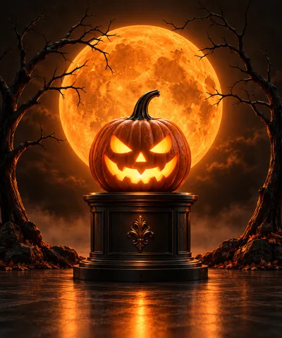 Glowing Jack O Lantern On Ornate Pedestal