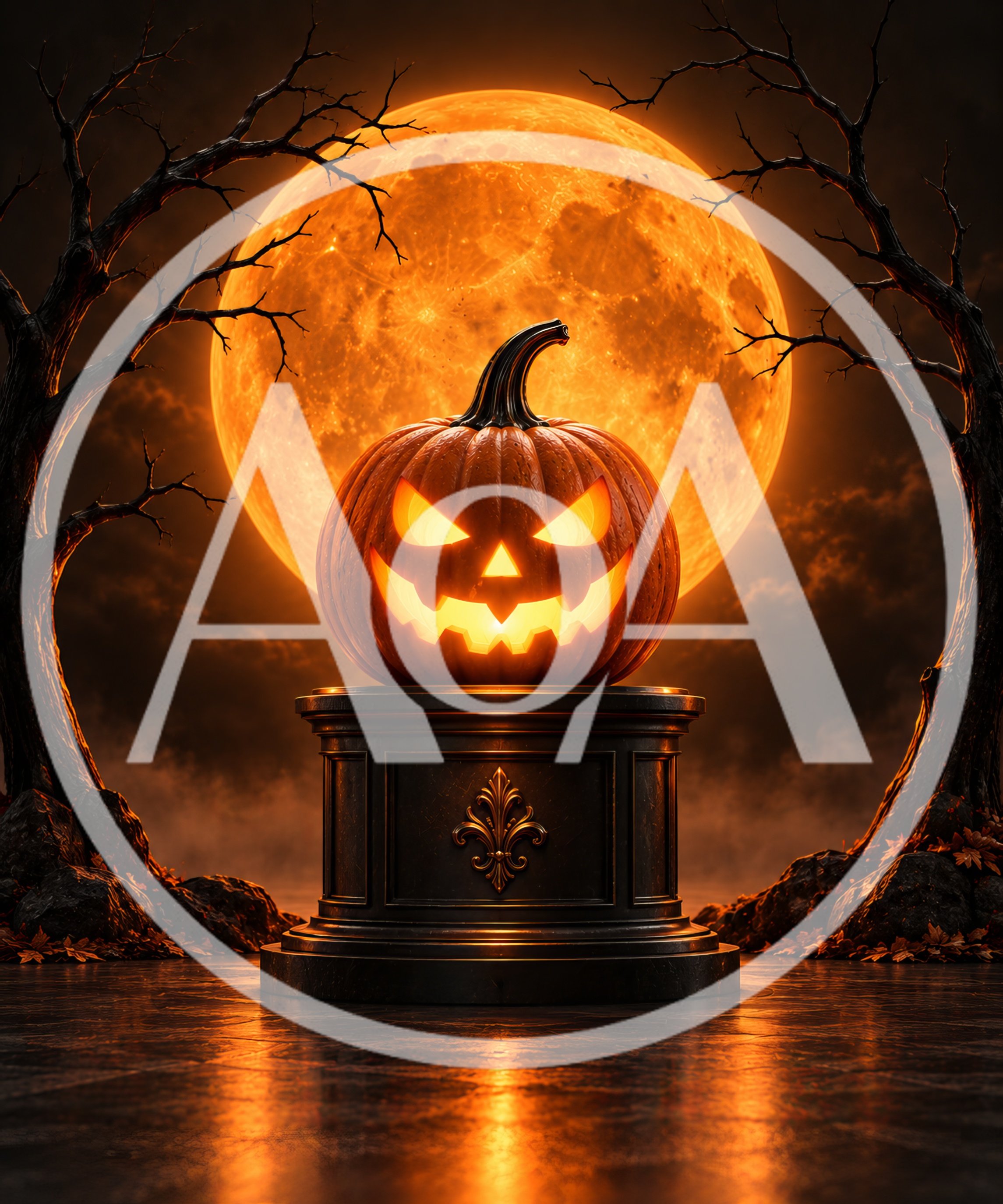 Glowing Jack O Lantern On Ornate Pedestal