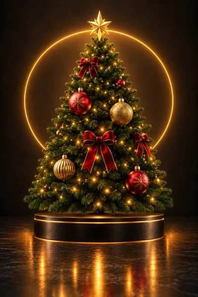 Decorated Christmas Tree On A Glowing Circular Pedestal