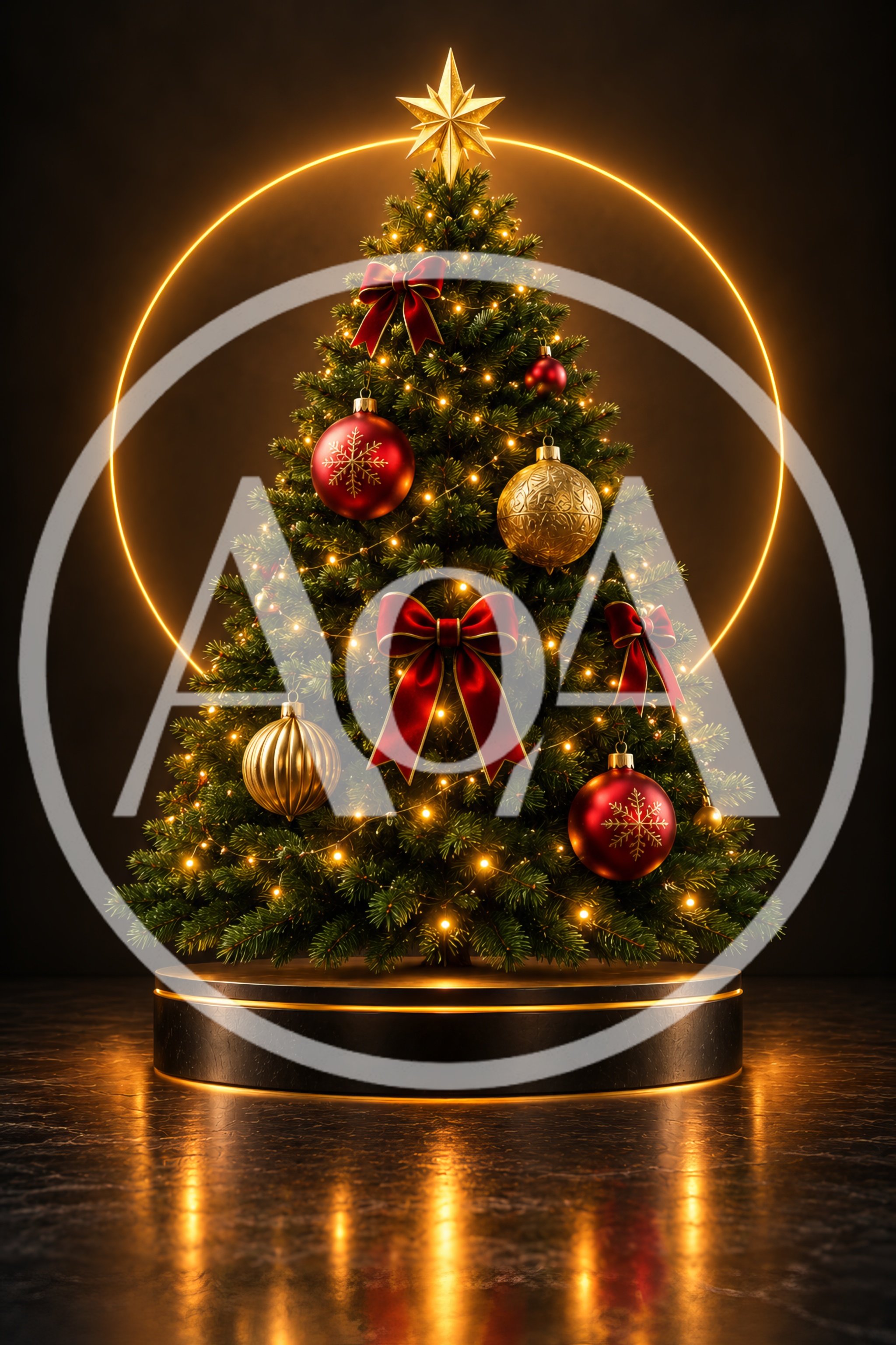 Decorated Christmas Tree On A Glowing Circular Pedestal