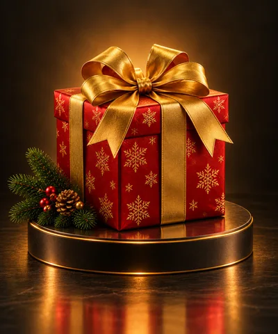 Red Christmas Gift Box With Gold Ribbon On Pedestal