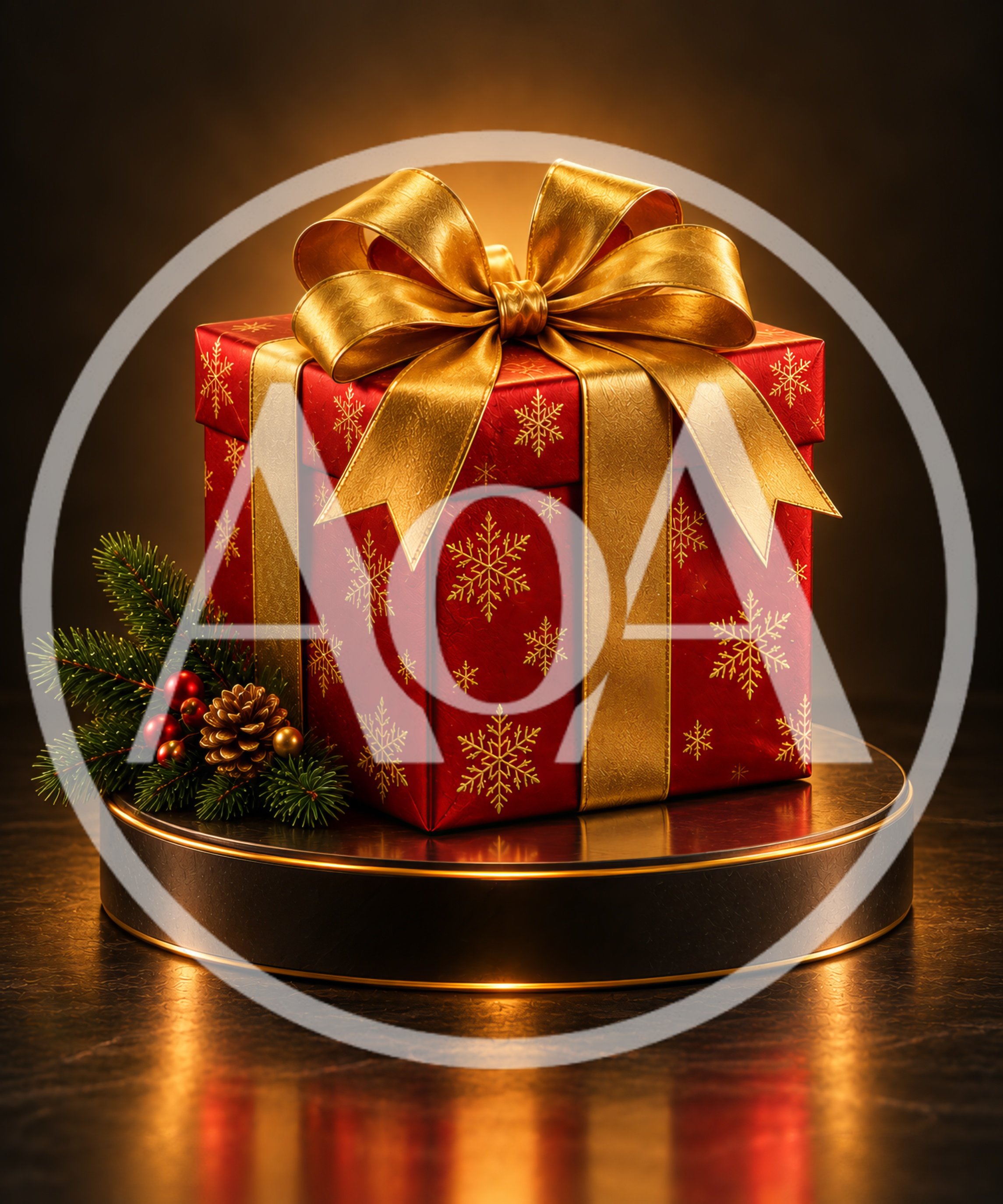 Red Christmas Gift Box With Gold Ribbon On Pedestal