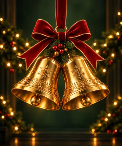 Golden Christmas Bells With Red Velvet Ribbon