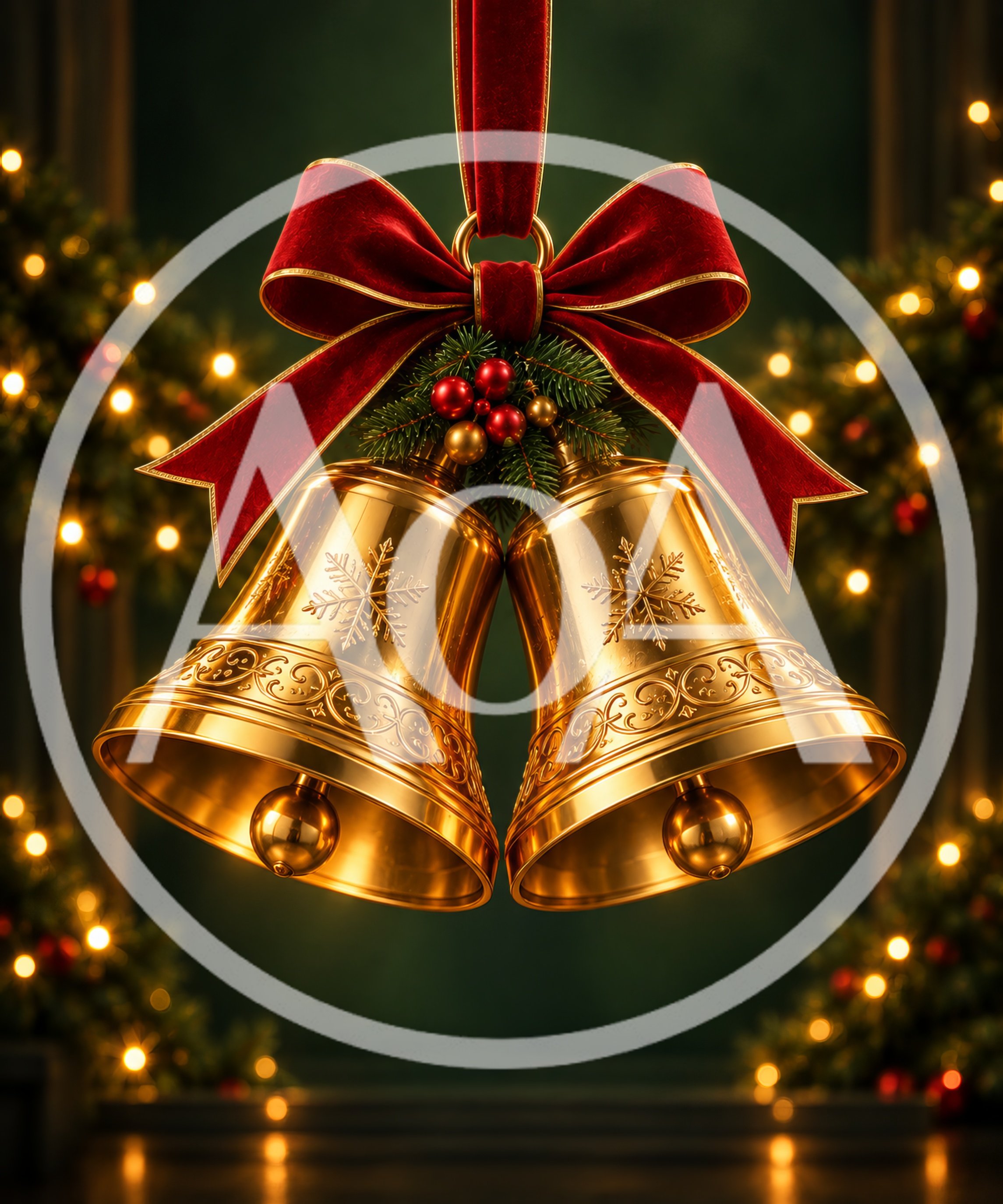 Golden Christmas Bells With Red Velvet Ribbon